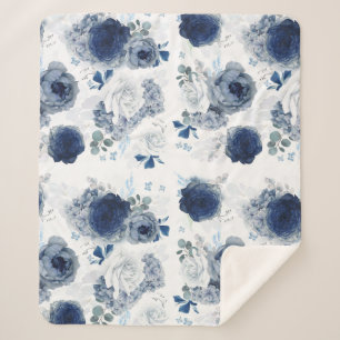 Couverture Sherpa Bleu Dusty et Fleurs Bleues Marine Élégant
