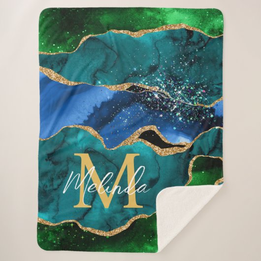 Couverture Sherpa Bleu et vert Peacock Faux Parties scintillant Agat (Devant)