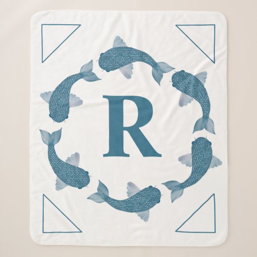 Couverture Sherpa Bleu Koi poisson entourant un monogramme initial (Devant)