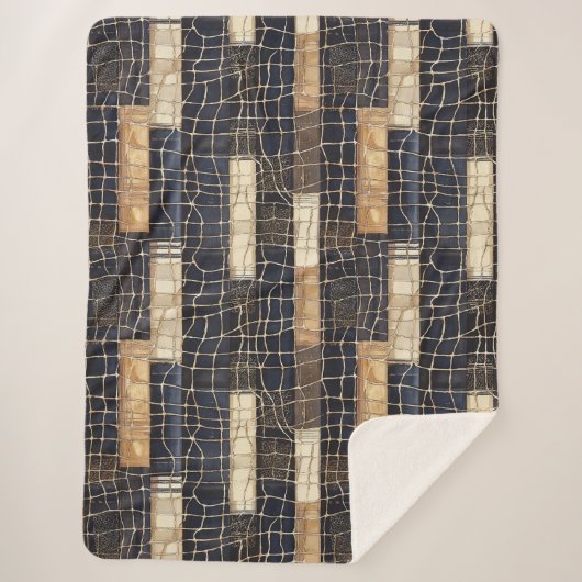Couverture Sherpa Bleu marine rectangles marrons crème (Devant)