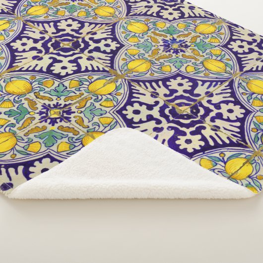 Couverture Sherpa Bleu Méditerranée Motif Fleurs Jaunes (3/4)