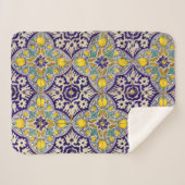 Couverture Sherpa Bleu Méditerranée Motif Fleurs Jaunes (Devant (Horizontal))