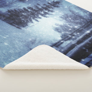 Couverture Sherpa Bleu Moonlit Forêt magique Scène d'hiver