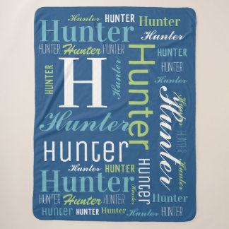 Couverture Sherpa Bleu - Nom vert et Monogram Cloud Word Art