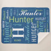 Couverture Sherpa Bleu - Nom vert et Monogram Cloud Word Art (Devant (Horizontal))