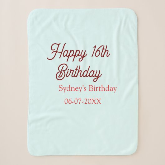Couverture Sherpa Bleu pastel rouge joyeux 16e anniversaire nom date (Devant)