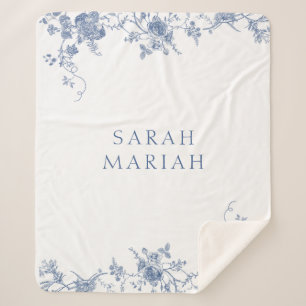 Couverture Sherpa Bleu Poussiéreux & Toile Florale Blanche Nom Perso