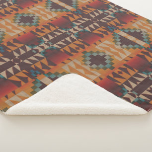 Couverture Sherpa Bleu turquoise Beige Rouge foncé Art Tribal Brown