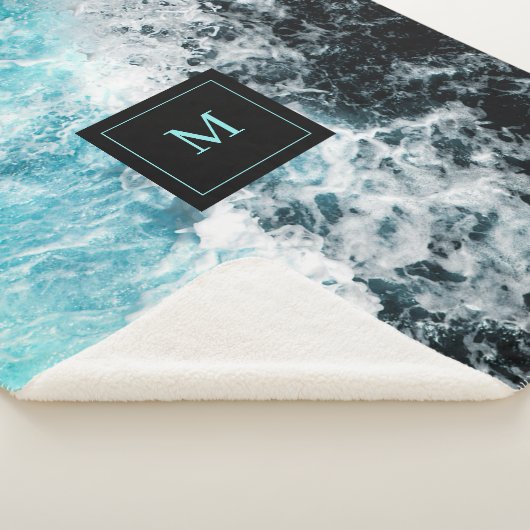 Couverture Sherpa Blue Black Ocean Waves Hawaii Monogramme (3/4)
