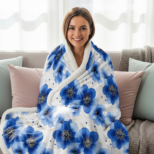 Couverture Sherpa Blue Floral Pattern with Gold Accents