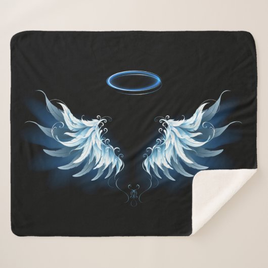 Couverture Sherpa Blue Glowing Angel Wings on black background (Devant (Horizontal))