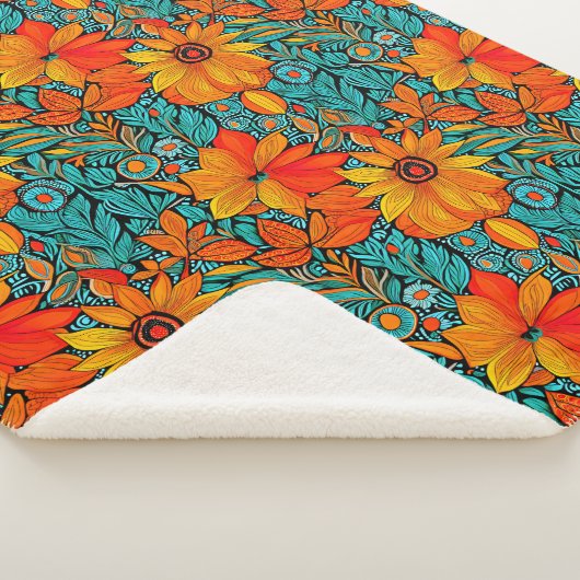 Couverture Sherpa Boho Flowers bleu et orange (3/4)
