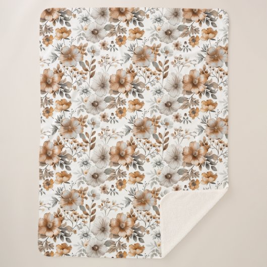 Couverture Sherpa Boho Gris Beige Brown Floral Fleurs Aquarelle (Devant)