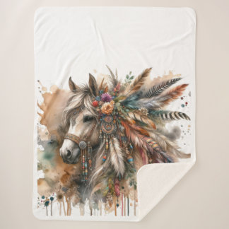 Couverture Sherpa Boho Horse with feathers