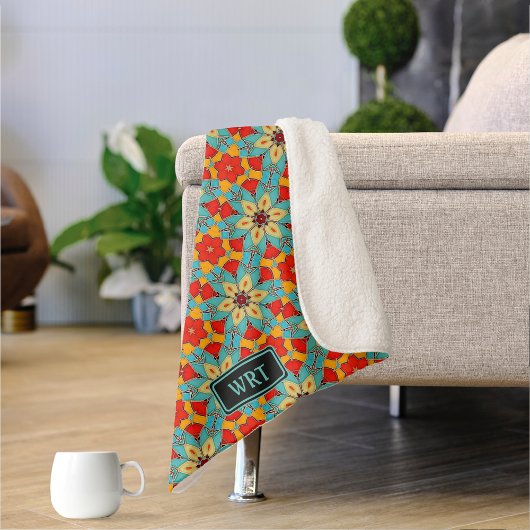 Couverture Sherpa Boho Turquoise Fleur Retro Carreaux De Verre Joli