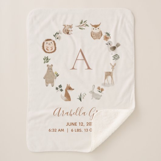 Couverture Sherpa Boho Woodland Animaux Script Baby Birth Stats (Devant)