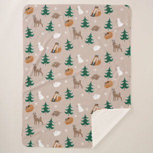 Couverture Sherpa Bois Animaux Motifs Neige Arbres couverts Brown