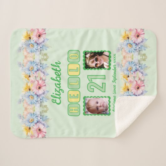 Couverture Sherpa Bonjour 21 2 photo nom date fleurs vert (Devant (Horizontal))