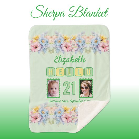 Couverture Sherpa Bonjour 21 2 photo nom date fleurs vert