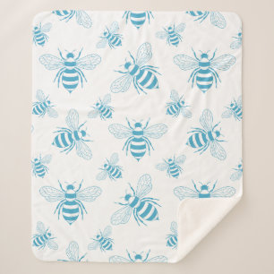Couverture Sherpa Botanique abeille vintage bleu (1)