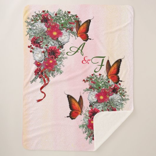 Couverture Sherpa Bouquets de roses blanches, bleues et bordeaux (Devant)