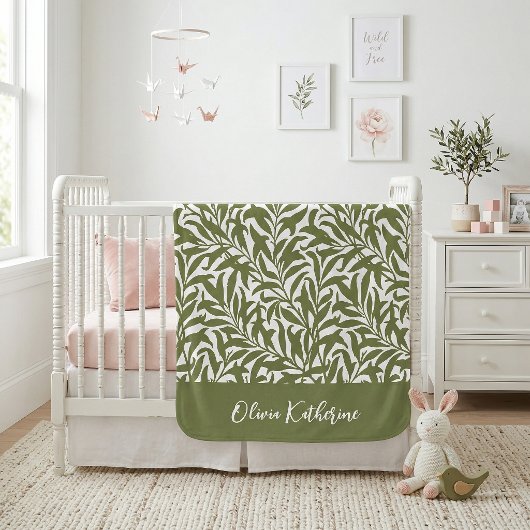 Couverture Sherpa Branche de Saule Vert Olive Monogrammé
