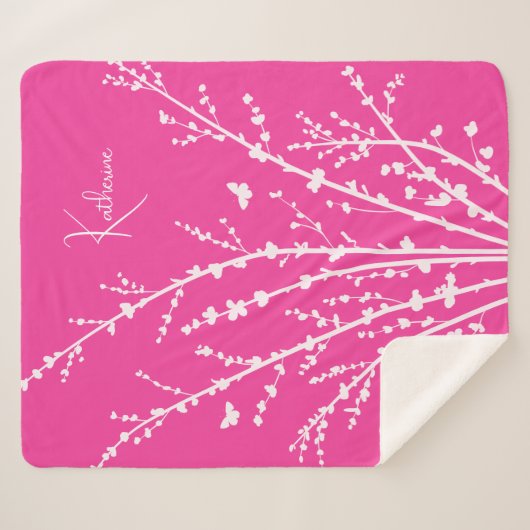 Couverture Sherpa Branches à papillons rose chaud Nom personnalisabl (Devant (Horizontal))