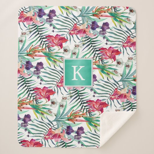 Couverture Sherpa Bright Tropical Floral avec Monogramme (Devant)