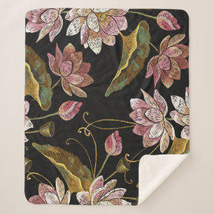 Couverture Sherpa Broderie Lotus Fleurs Motif sans couture