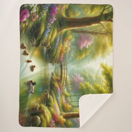 Couverture Sherpa Brook de printemps avec canards/fleurs (Devant)
