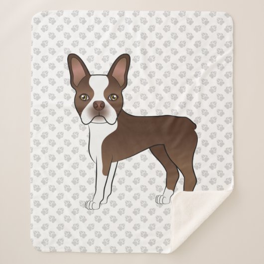 Couverture Sherpa Brown Et Blanc Boston Terrier Cartoon Chien & Pâte (Devant)
