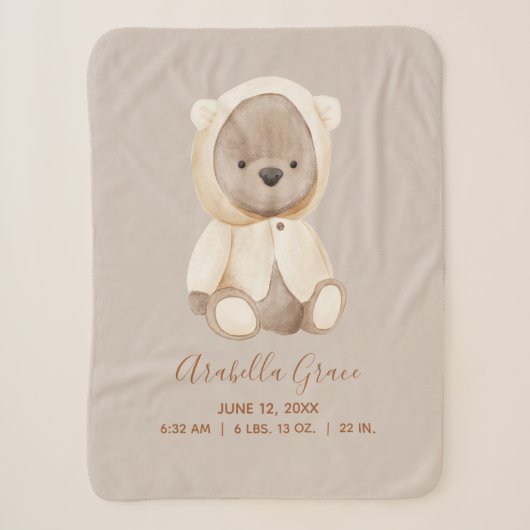 Couverture Sherpa Brown Teddy Bear Bébé statistiques de naissance (Devant)
