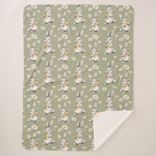 Couverture Sherpa Bunnies with Carrots Green Daisy Flowers Birthday (Devant)
