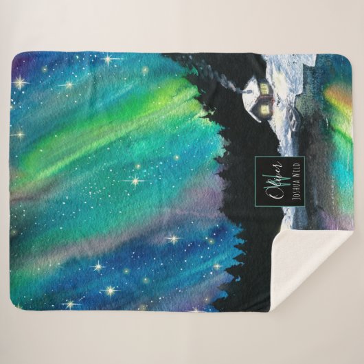 Couverture Sherpa Cabine d'hiver Aurora Northern Lights | Monogramme (Devant (Horizontal))