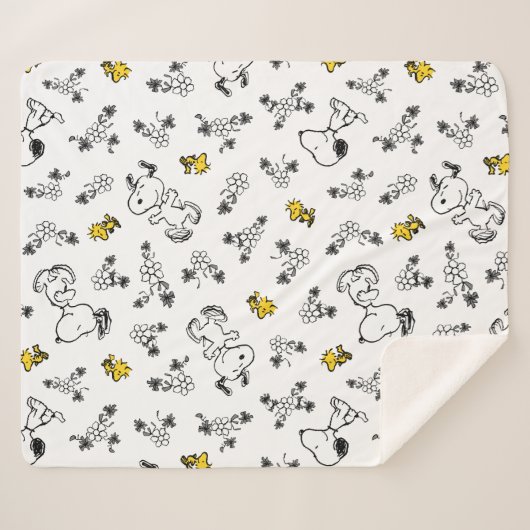Couverture Sherpa cacahuètes | Snoopy & Woodstock B&W Flower Motif (Devant (Horizontal))