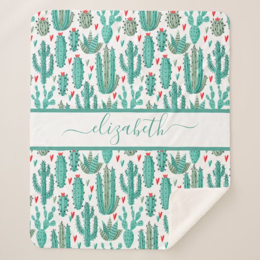 Couverture Sherpa Cactus vert blanc motif monogramme (Devant)