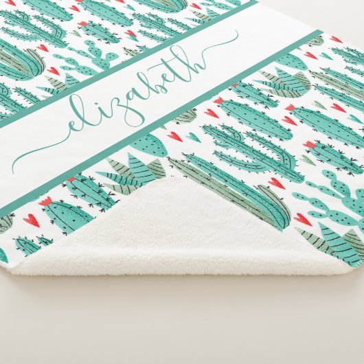 Couverture Sherpa Cactus vert blanc motif monogramme (3/4)