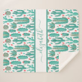 Couverture Sherpa Cactus vert blanc motif monogramme (Devant (Horizontal))