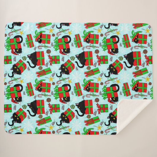 Couverture Sherpa Cadeaux de Noël de chat noir (Devant (Horizontal))
