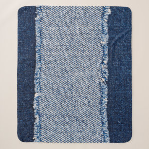 Couverture Sherpa Cadre de jean bleu denim fringé.