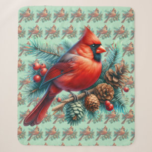 Couverture Sherpa Cardinal sur une branche de pin avec des baies d'h