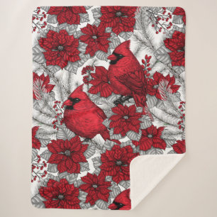 Couverture Sherpa Cardinaux et poinsettia en rouge et blanc