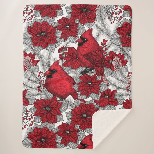 Couverture Sherpa Cardinaux et poinsettia en rouge et blanc (Devant)