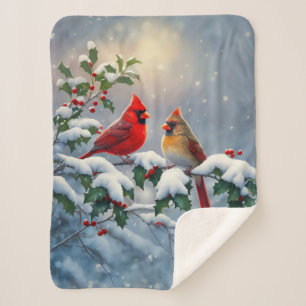 Couverture Sherpa Cardinaux rouges et houx dans la neige