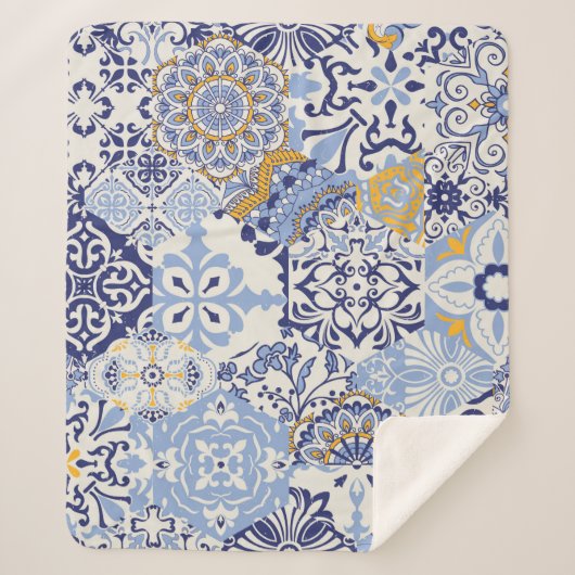 Couverture Sherpa Carreaux azulejos patchwork. Paquet incolore (Devant)