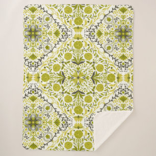 Couverture Sherpa Carreaux de fleurs en vert