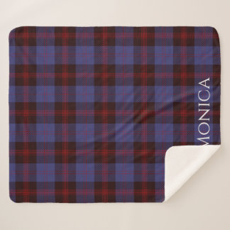 Couverture Sherpa carreaux tartan bleu marine rouge monogramme nom