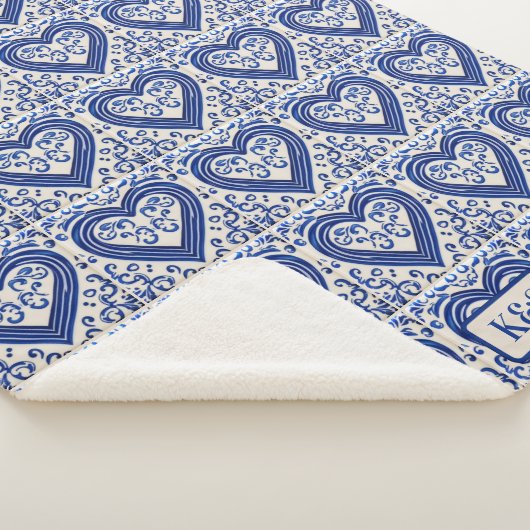 Couverture Sherpa Carrelage néerlandais peint Coeur bleu sur blanc - (3/4)