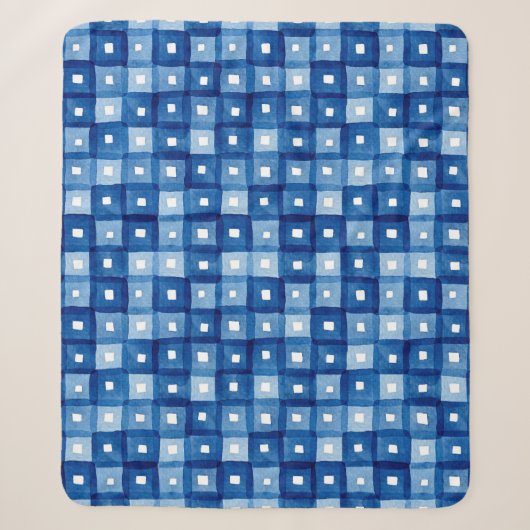 Couverture Sherpa Carrés Bleus, Aquarelle Mosaïque sans joint. (Devant)