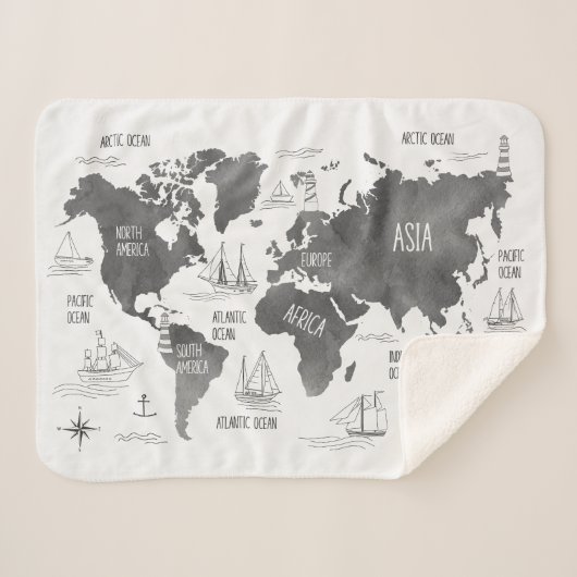 Couverture Sherpa Carte du monde Art noir blanc Nautique (Devant (Horizontal))